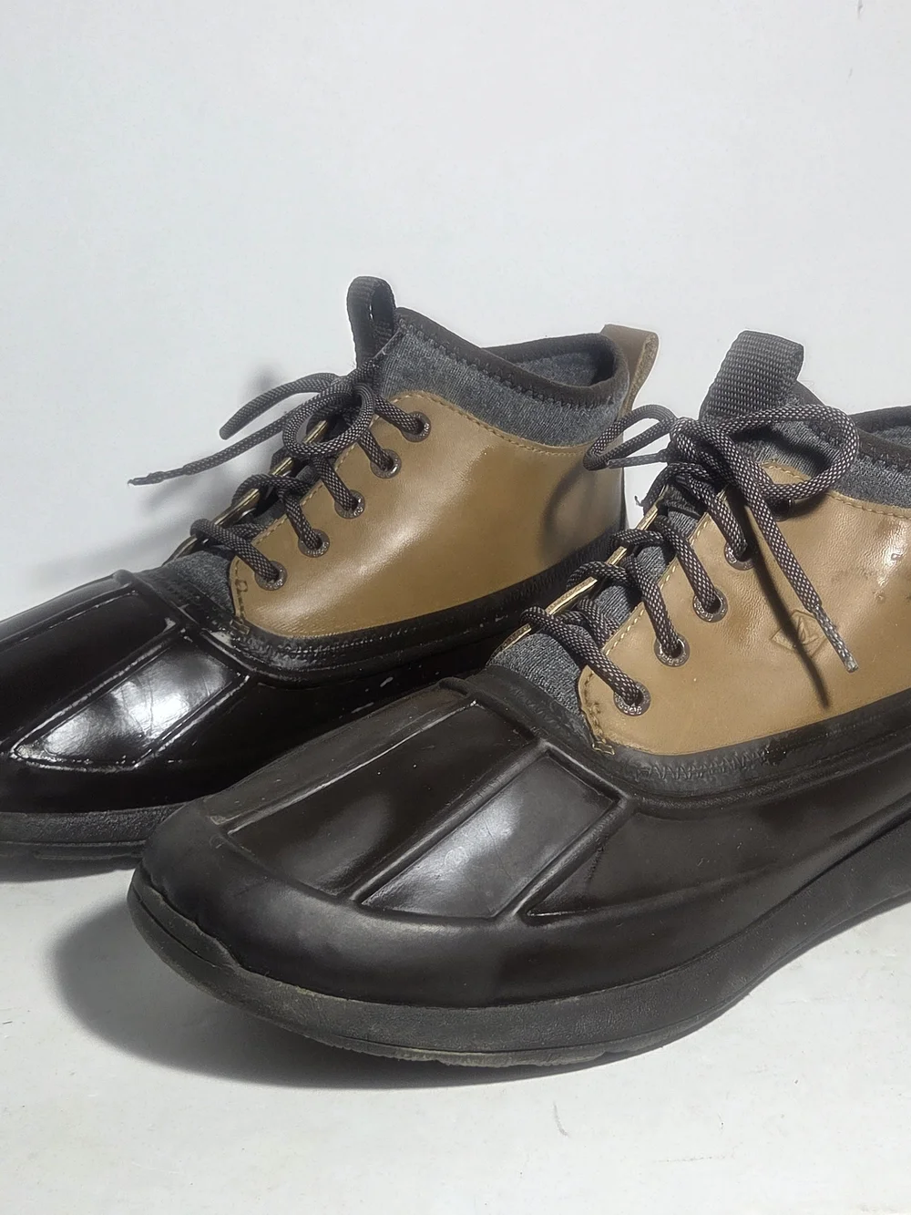 Sperry Mens Duck Boots 2-Tone  Brown Leather Waterproof Ankle Rain Boots Sz 11